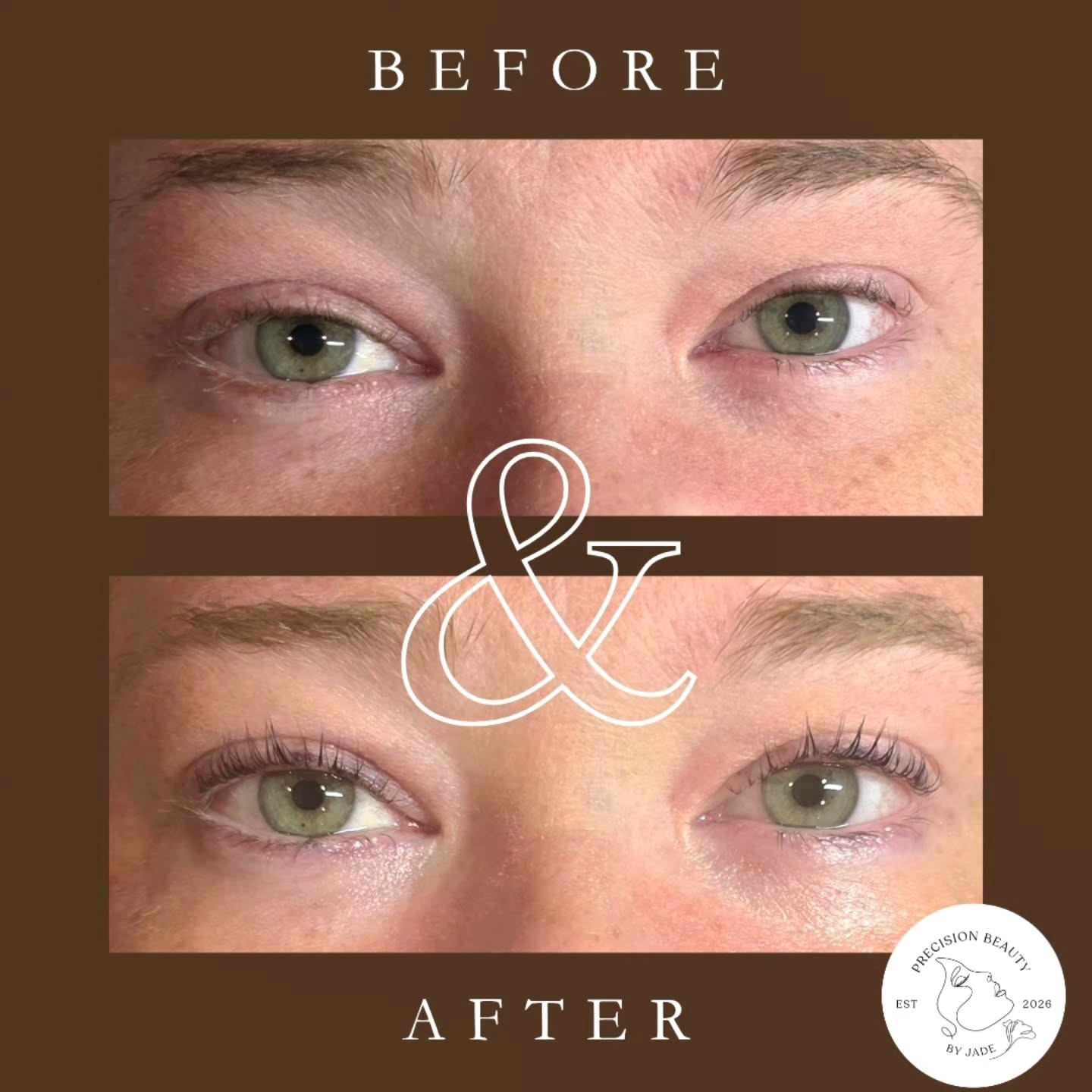 Before and after lash lift close-up, with the Precision Beauty logo